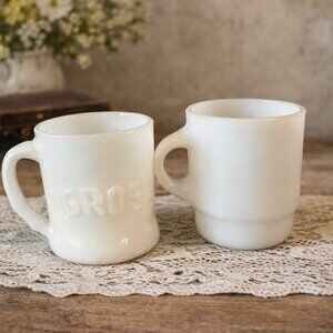 Milk Glass Diner Mug Set Retro White Coffee Cups Vintage Style